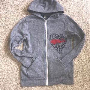 Hooded sweatshirt with a Detroit Loves U logo.